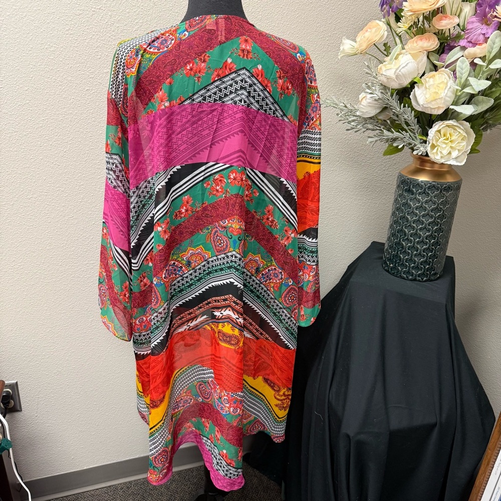 Cato 22/24W Multicolor Boho Patchwork Kimono Open Front Duster Cardigan - Picture 3 of 6